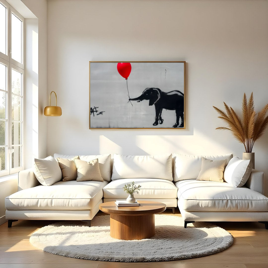 This captivating artwork features a playful monochrome elephant juxtaposed with a striking red for Living Room
