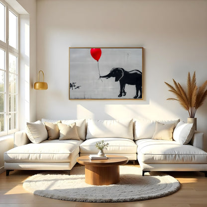 This captivating artwork features a playful monochrome elephant juxtaposed with a striking red for Living Room