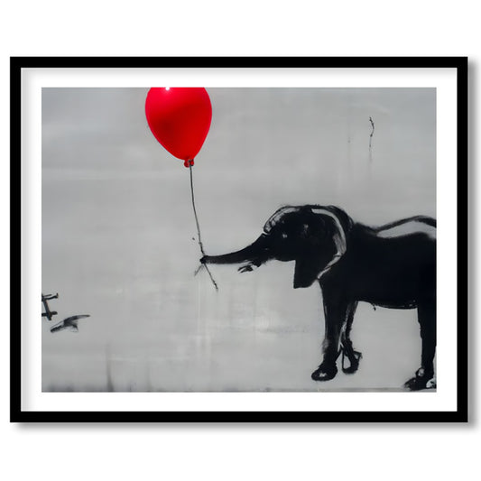 This captivating artwork features a playful monochrome elephant juxtaposed with a striking red for living-space