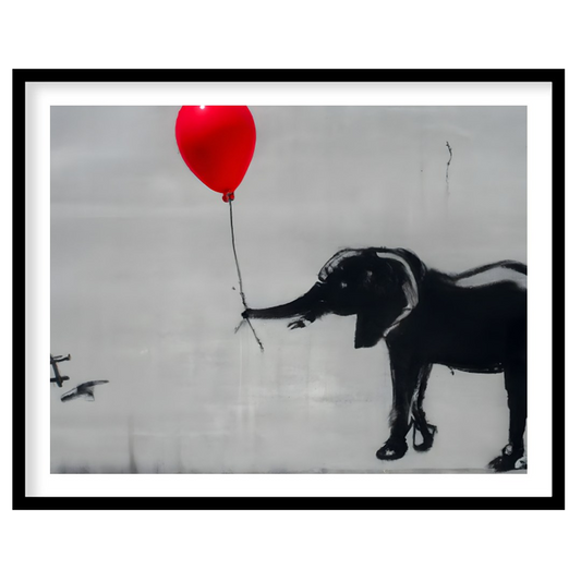This captivating artwork features a playful monochrome elephant juxtaposed with a striking red for living-space