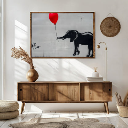 This captivating artwork features a playful monochrome elephant juxtaposed with a striking red for Sitting Area