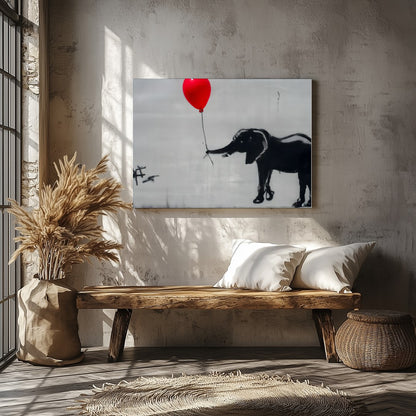 This captivating artwork features a playful monochrome elephant juxtaposed with a striking red for Veranda