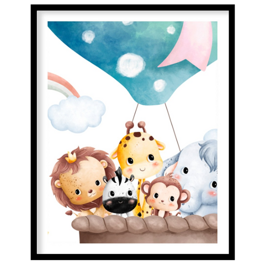 This cheerful and imaginative illustration features a group of adorable safari animals—lion, elepha… for place