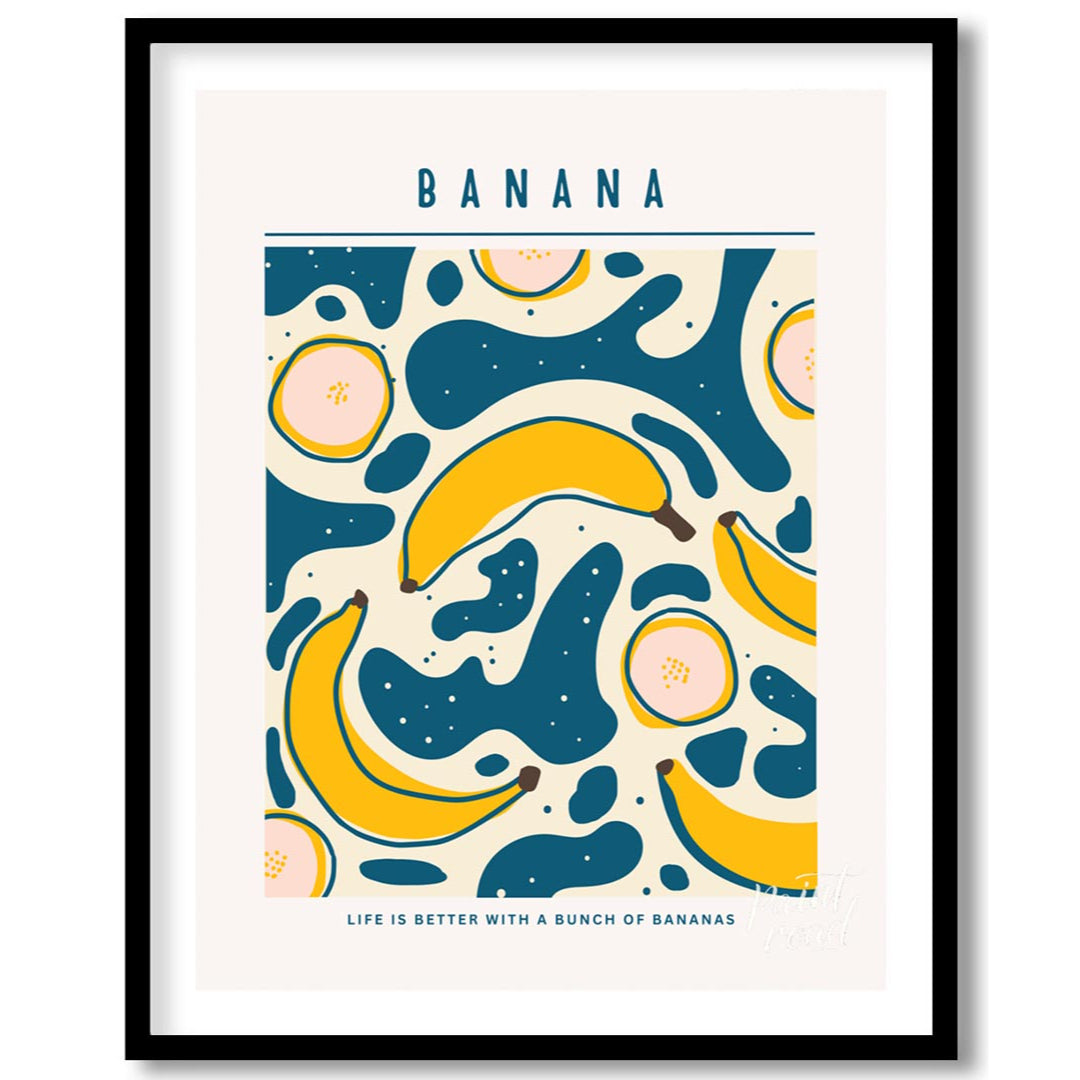 This playful and graphically engaging poster features a vibrant repeating pattern of bananas, bring… for abode