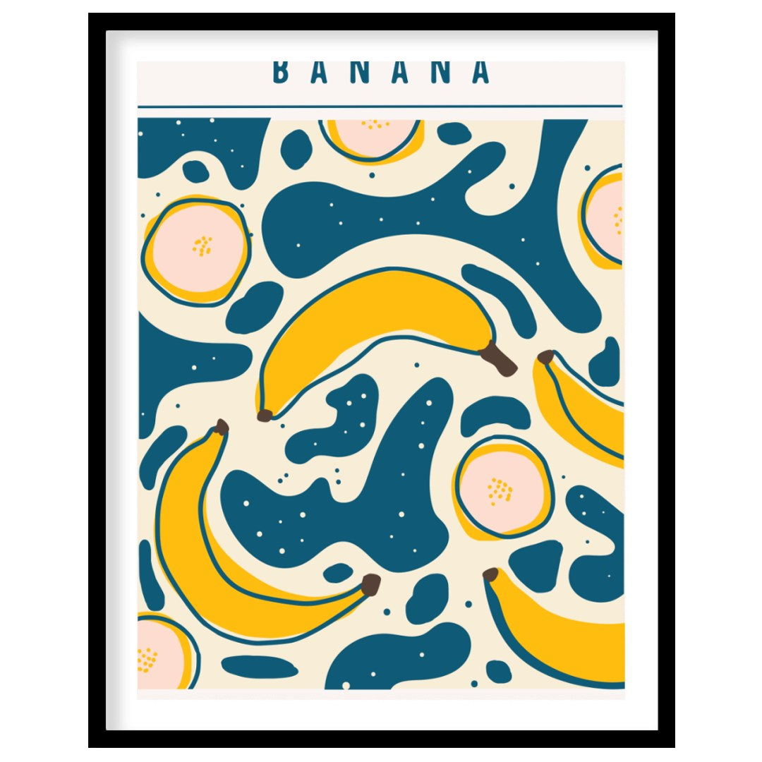 This playful and graphically engaging poster features a vibrant repeating pattern of bananas, bring… for abode