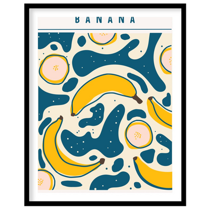 This playful and graphically engaging poster features a vibrant repeating pattern of bananas, bring… for abode