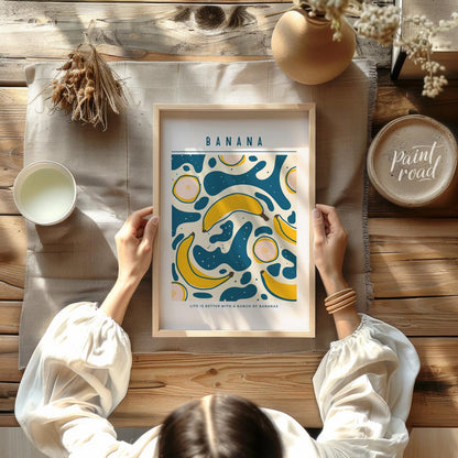 This playful and graphically engaging poster features a vibrant repeating pattern of bananas, bring… for dining room