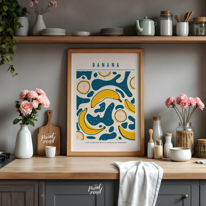 This playful and graphically engaging poster features a vibrant repeating pattern of bananas, bring… for kitchen