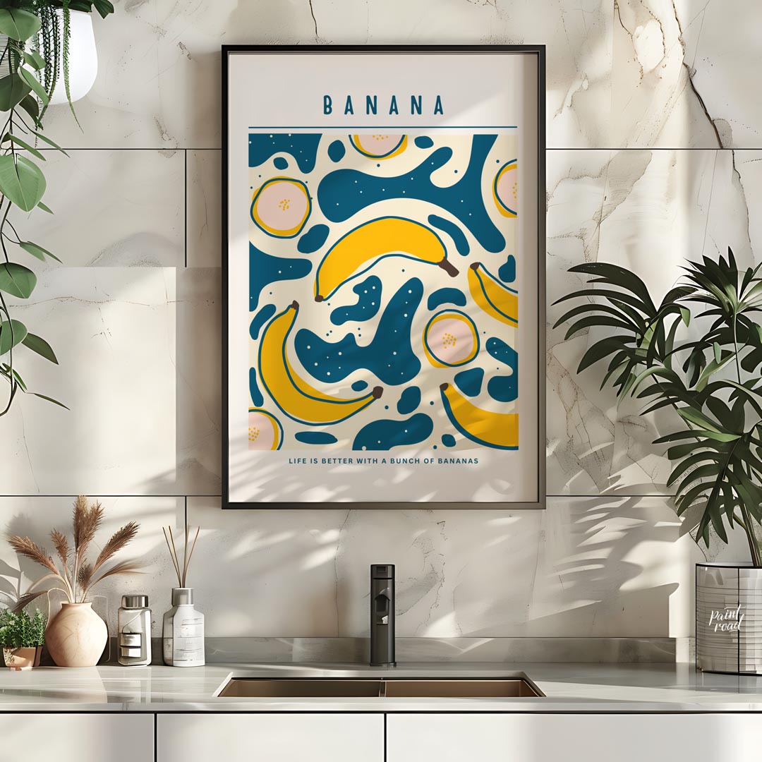 This playful and graphically engaging poster features a vibrant repeating pattern of bananas, bring… for kitchen