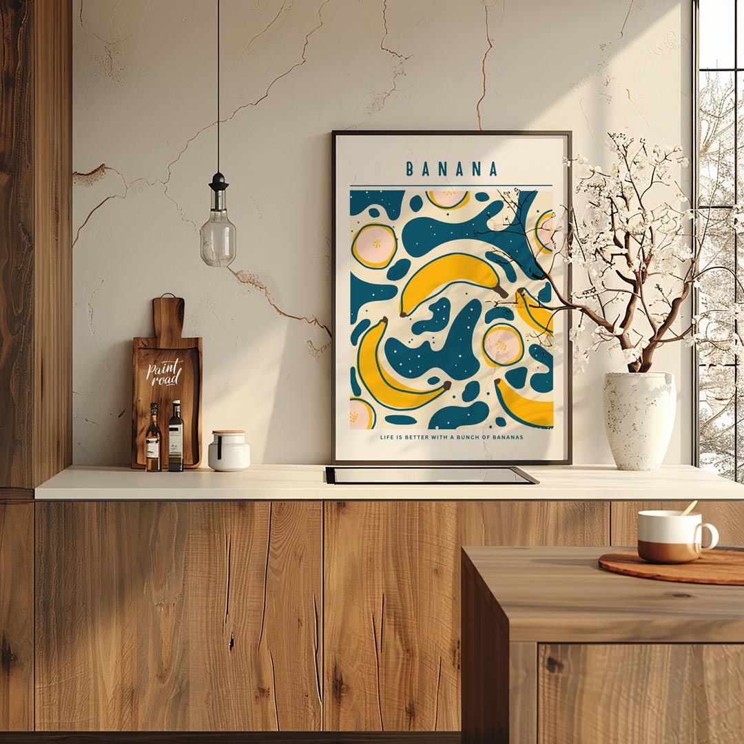 This playful and graphically engaging poster features a vibrant repeating pattern of bananas, bring… for kitchen