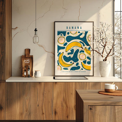 This playful and graphically engaging poster features a vibrant repeating pattern of bananas, bring… for kitchen