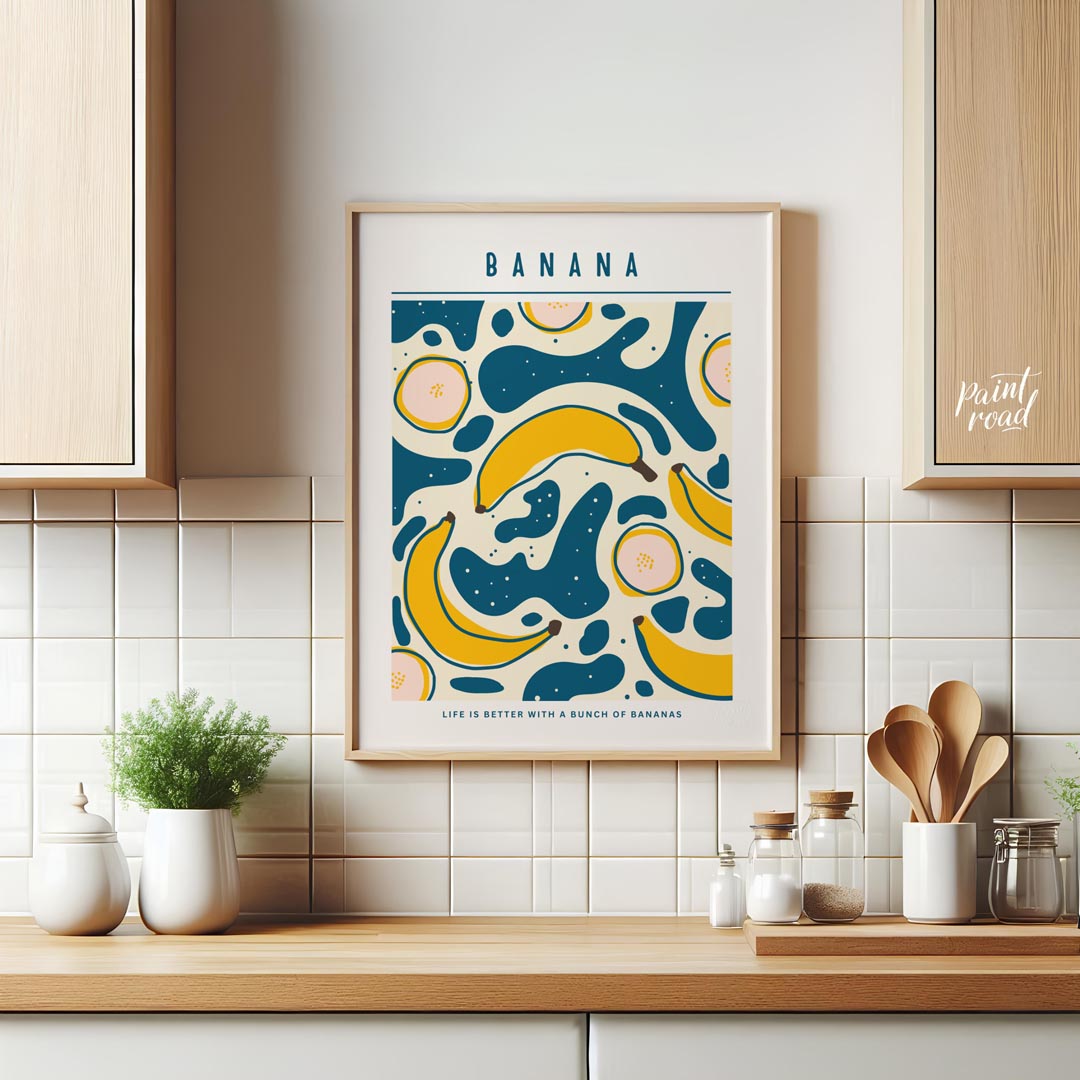 This playful and graphically engaging poster features a vibrant repeating pattern of bananas, bring… for kitchen