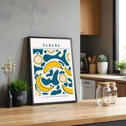 This playful and graphically engaging poster features a vibrant repeating pattern of bananas, bring… for kitchen
