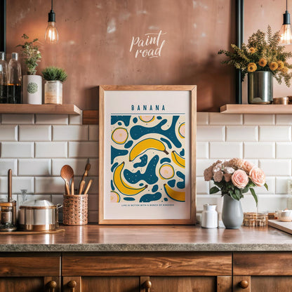 This playful and graphically engaging poster features a vibrant repeating pattern of bananas, bring… for kitchen