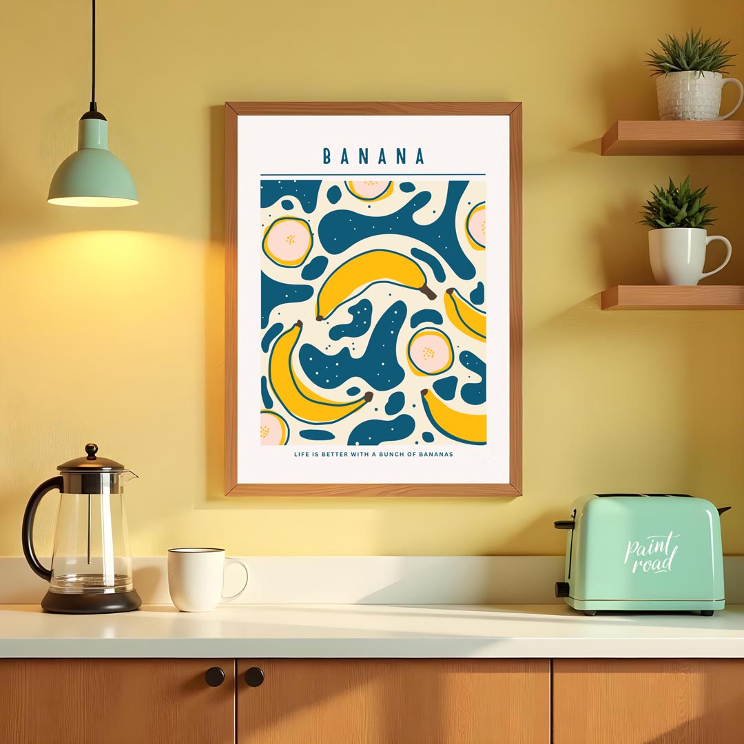 This playful and graphically engaging poster features a vibrant repeating pattern of bananas, bring… for kitchen
