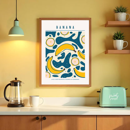 This playful and graphically engaging poster features a vibrant repeating pattern of bananas, bring… for kitchen