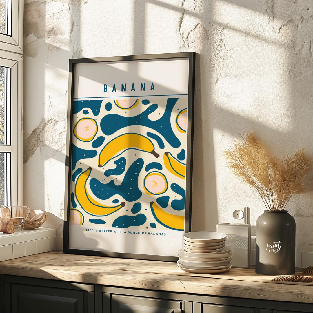 This playful and graphically engaging poster features a vibrant repeating pattern of bananas, bring… for kitchen