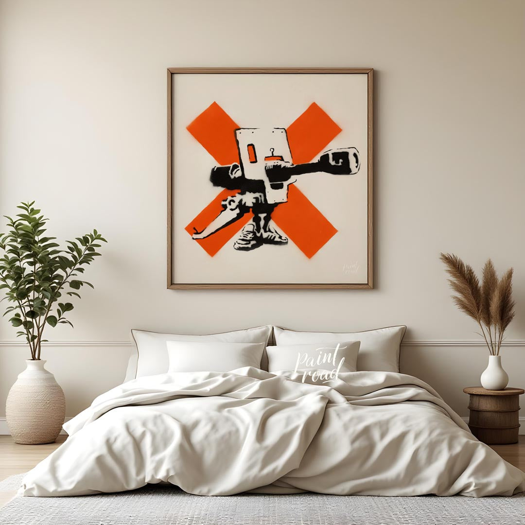 This powerful art print features Banksy’s iconic “Bad Meaning Good” stencil, showcasing an intricat… for bedroom