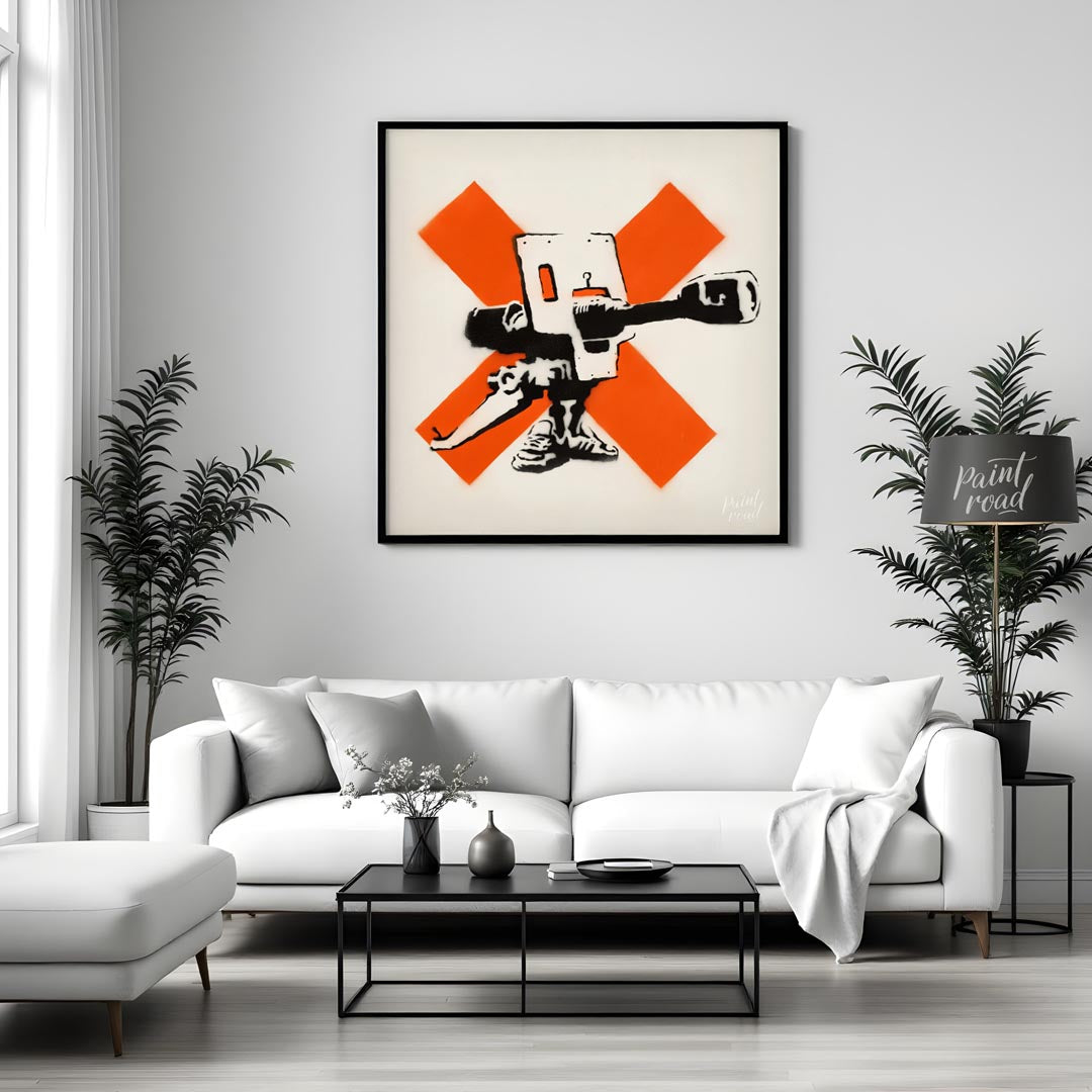 This powerful art print features Banksy’s iconic “Bad Meaning Good” stencil, showcasing an intricat… for living room