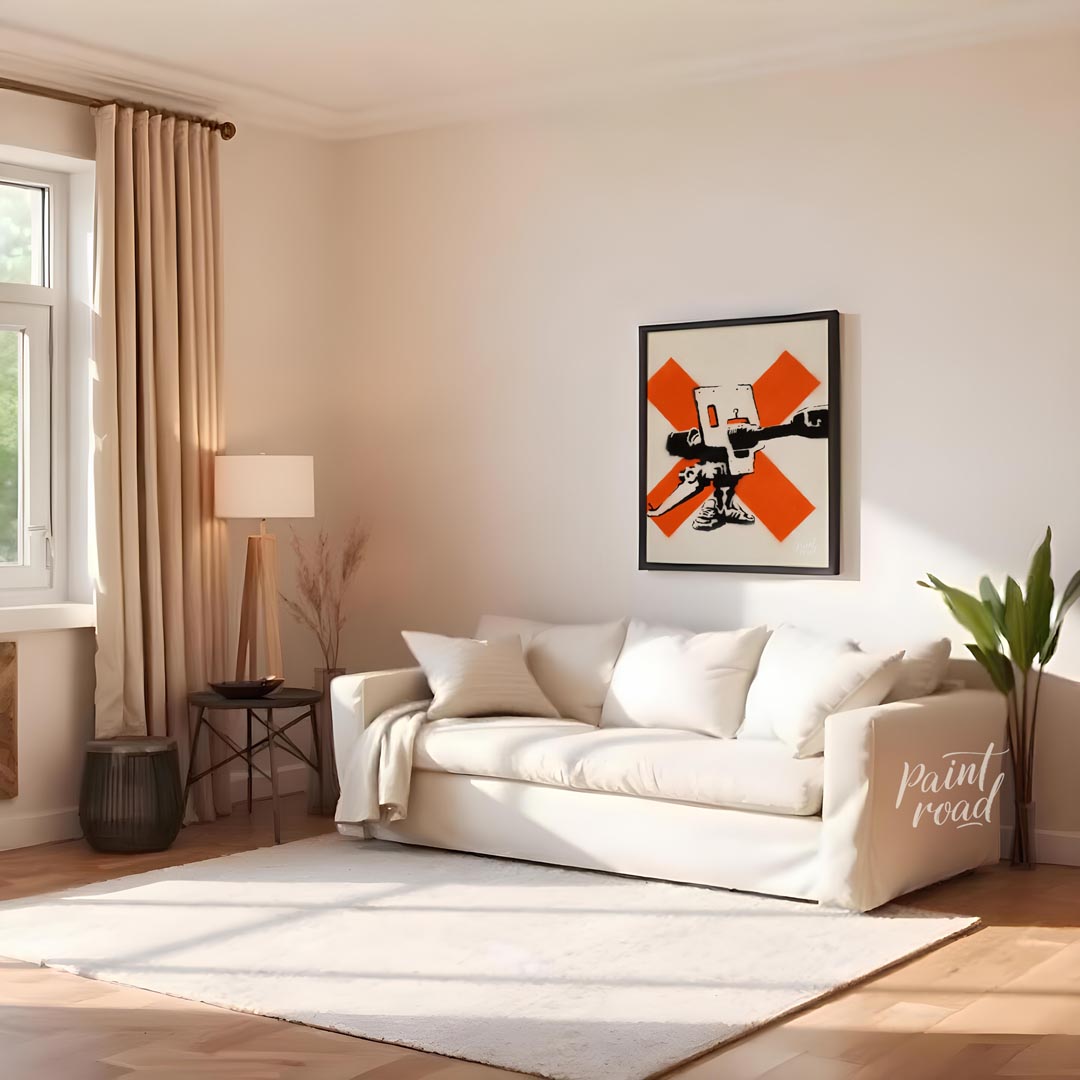 This powerful art print features Banksy’s iconic “Bad Meaning Good” stencil, showcasing an intricat… for living room