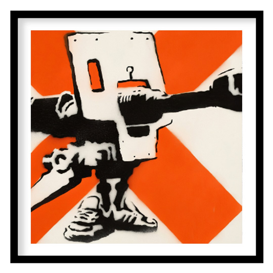 This powerful art print features Banksy’s iconic “Bad Meaning Good” stencil, showcasing an intricat… for room