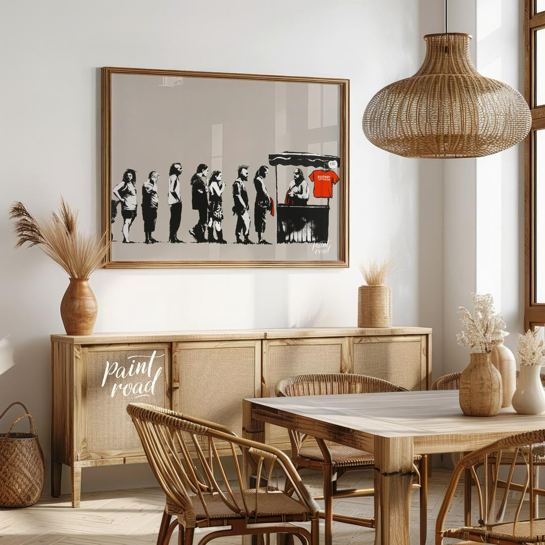 This satirical and socially charged art print features Banksy’s “Destroy Capitalism” stencil, depic… for dining room