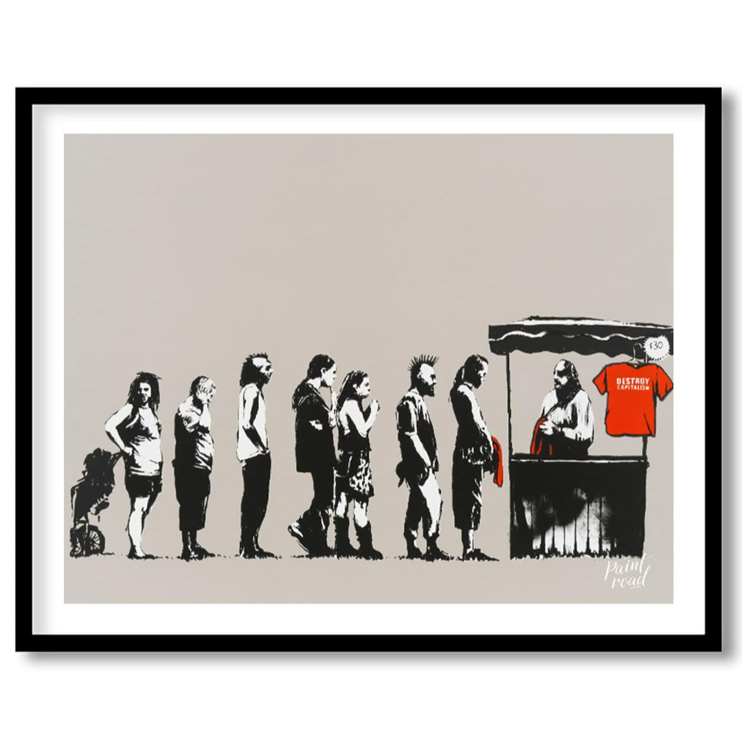 This satirical and socially charged art print features Banksy’s “Destroy Capitalism” stencil, depic… for house