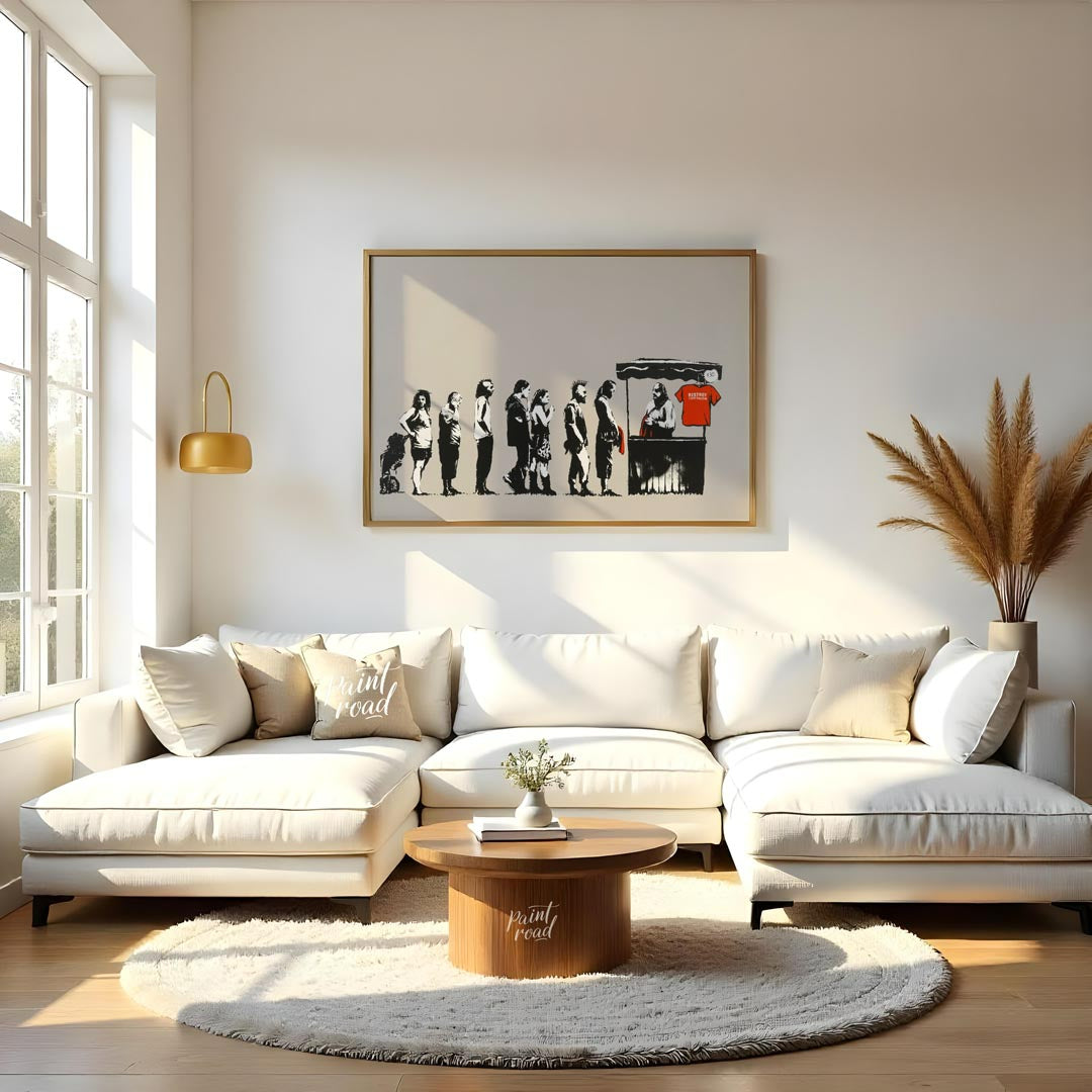 This satirical and socially charged art print features Banksy’s “Destroy Capitalism” stencil, depic… for living room