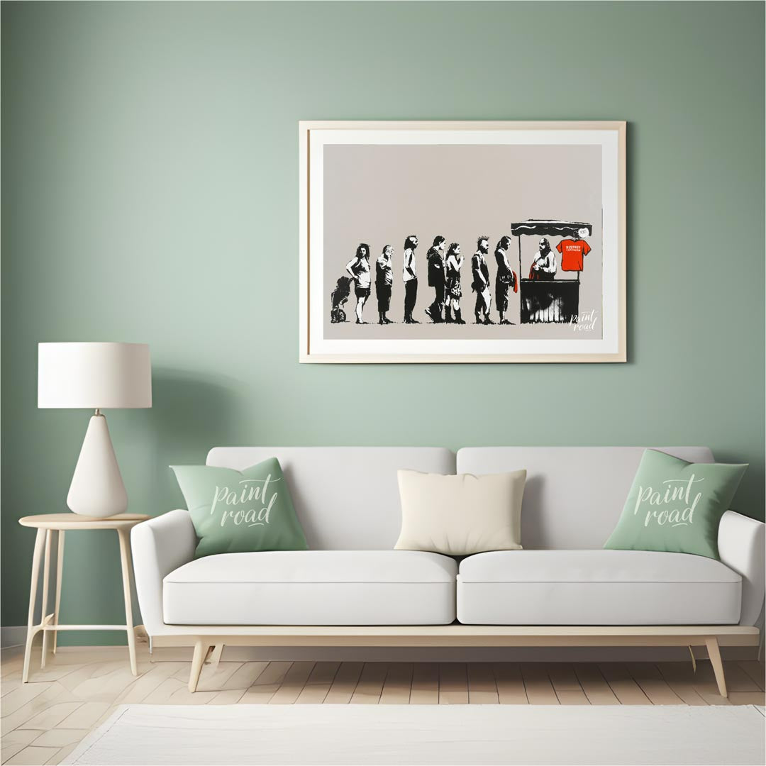 This satirical and socially charged art print features Banksy’s “Destroy Capitalism” stencil, depic… for living room