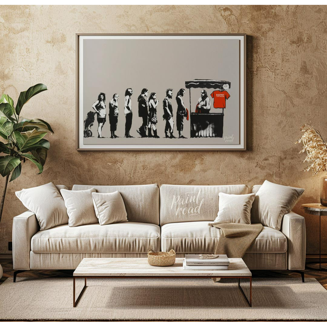 This satirical and socially charged art print features Banksy’s “Destroy Capitalism” stencil, depic… for living room