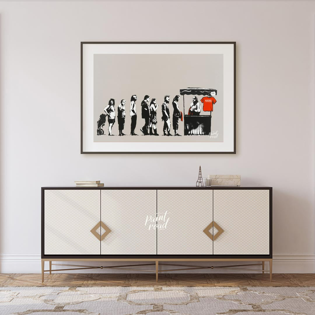 This satirical and socially charged art print features Banksy’s “Destroy Capitalism” stencil, depic… for living room