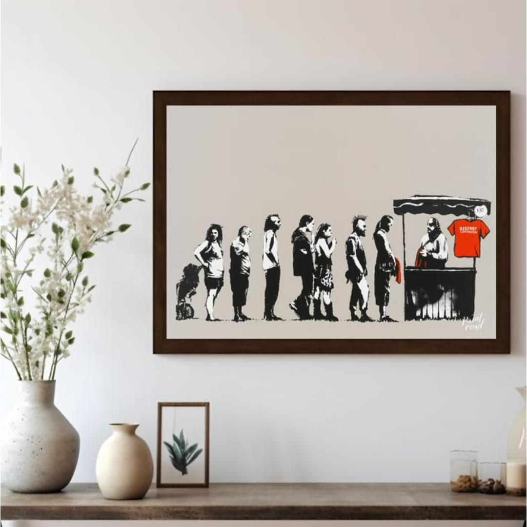 This satirical and socially charged art print features Banksy’s “Destroy Capitalism” stencil, depic… for living room