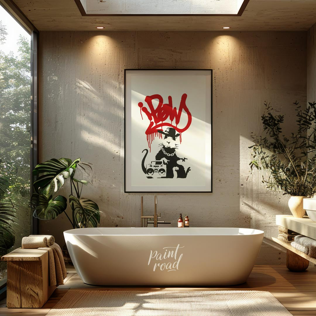 This iconic art print features Banksy’s “Gangsta Rat” stencil, depicting a cool and rebellious rat … for bathroom