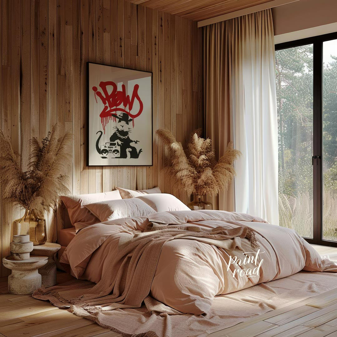 This iconic art print features Banksy’s “Gangsta Rat” stencil, depicting a cool and rebellious rat … for bedroom