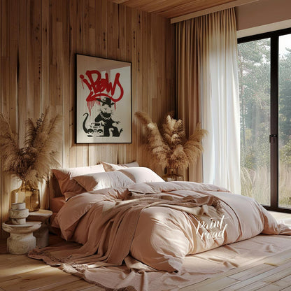 This iconic art print features Banksy’s “Gangsta Rat” stencil, depicting a cool and rebellious rat … for bedroom