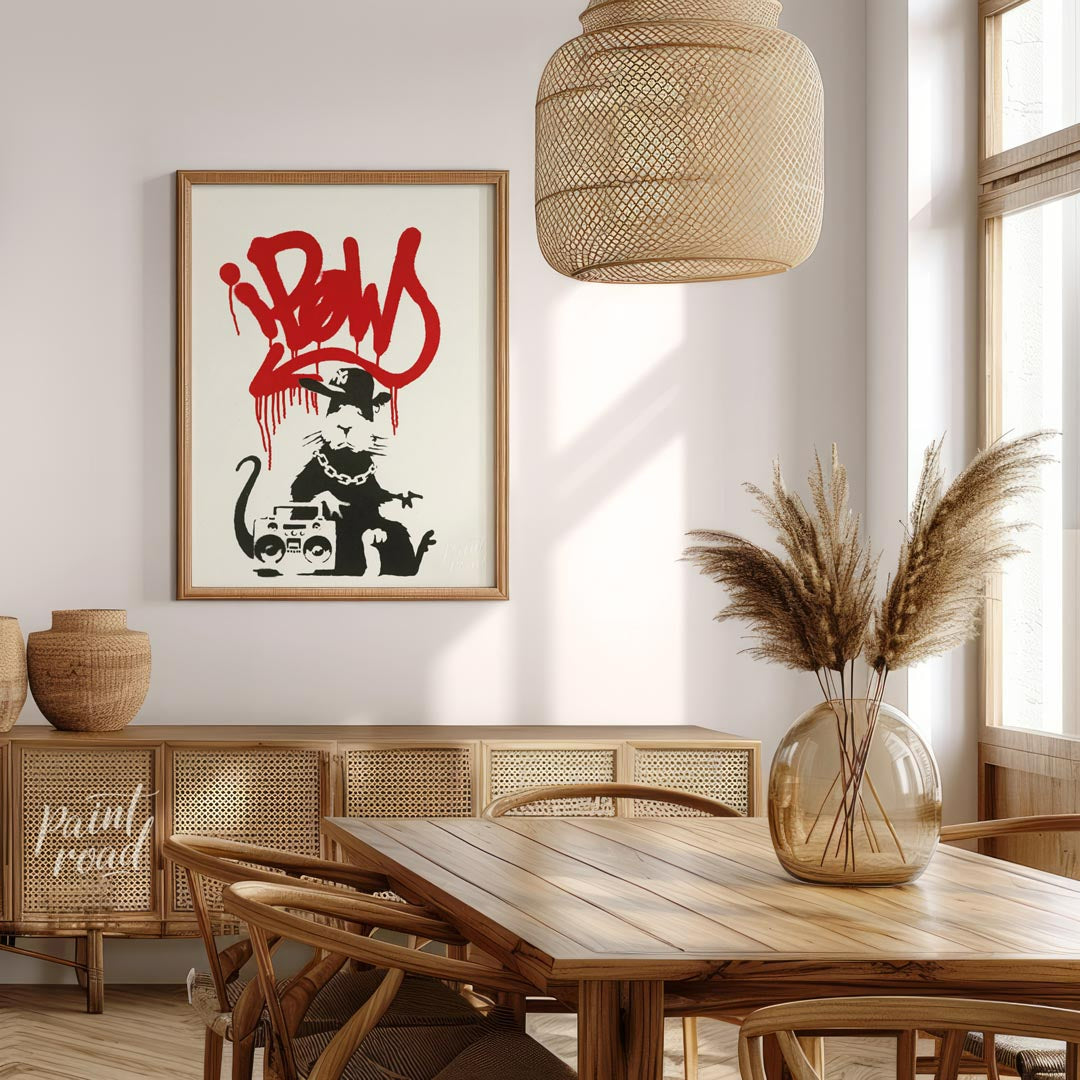 This iconic art print features Banksy’s “Gangsta Rat” stencil, depicting a cool and rebellious rat … for dining room