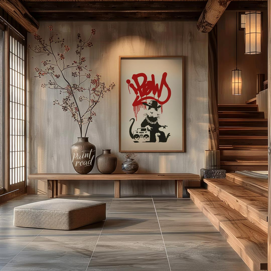 This iconic art print features Banksy’s “Gangsta Rat” stencil, depicting a cool and rebellious rat … for entryway
