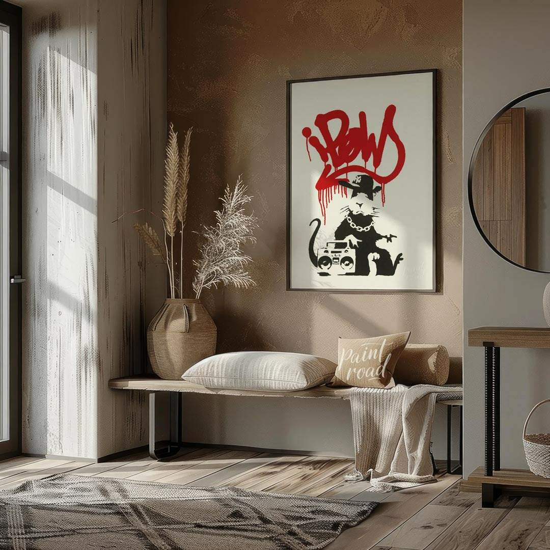 This iconic art print features Banksy’s “Gangsta Rat” stencil, depicting a cool and rebellious rat … for entryway