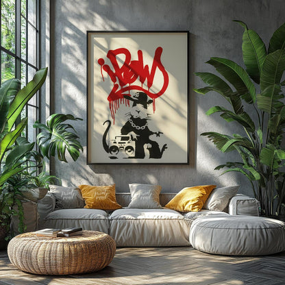 This iconic art print features Banksy’s “Gangsta Rat” stencil, depicting a cool and rebellious rat … for living room