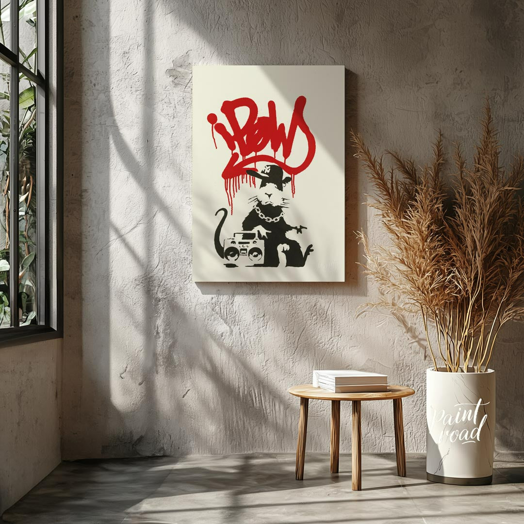 This iconic art print features Banksy’s “Gangsta Rat” stencil, depicting a cool and rebellious rat … for living room
