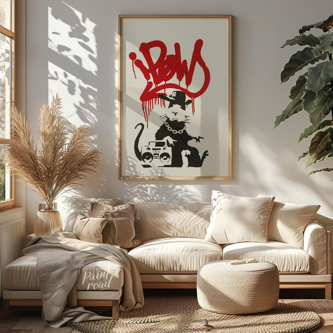 This iconic art print features Banksy’s “Gangsta Rat” stencil, depicting a cool and rebellious rat … for living room