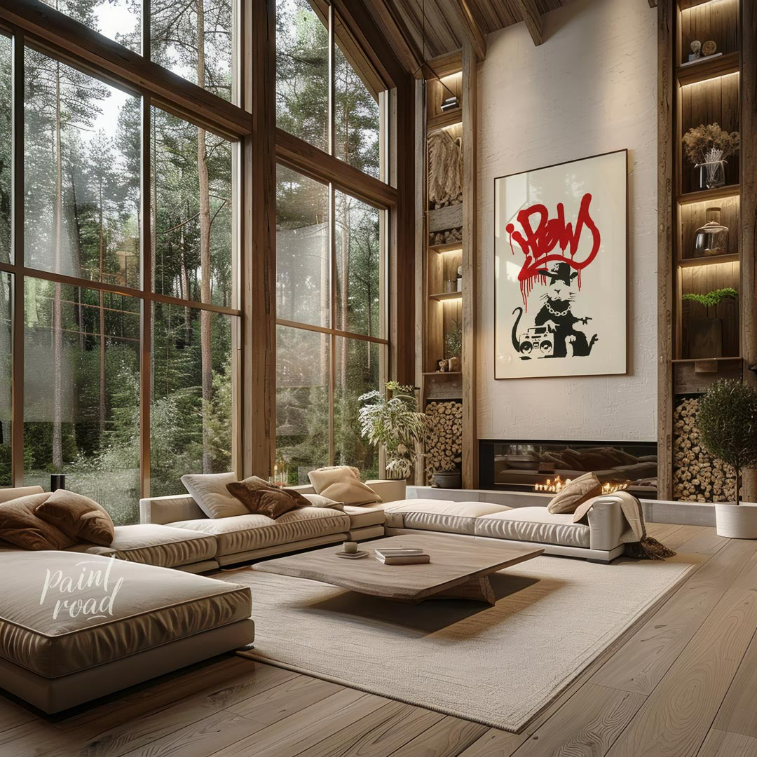 This iconic art print features Banksy’s “Gangsta Rat” stencil, depicting a cool and rebellious rat … for living room
