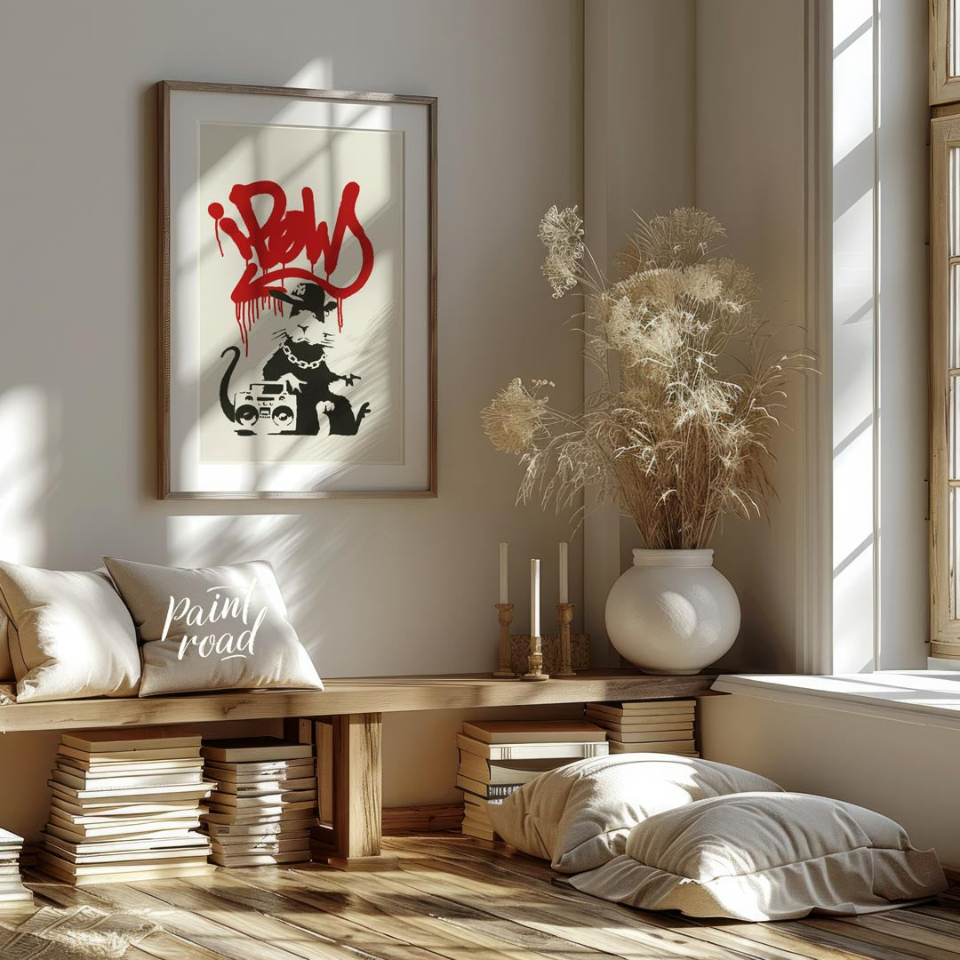 This iconic art print features Banksy’s “Gangsta Rat” stencil, depicting a cool and rebellious rat … for living room