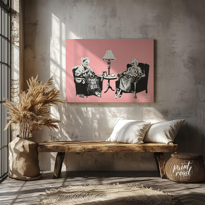 This iconic Banksy print, titled “Grannies,” features two elderly women seated in armchairs, dilige… for entryway
