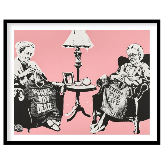 This iconic Banksy print, titled “Grannies,” features two elderly women seated in armchairs, dilige… for room