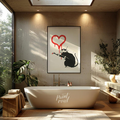 This striking art print features Banksy’s “Love Rat” stencil, depicting a black rat holding a paint… for bathroom