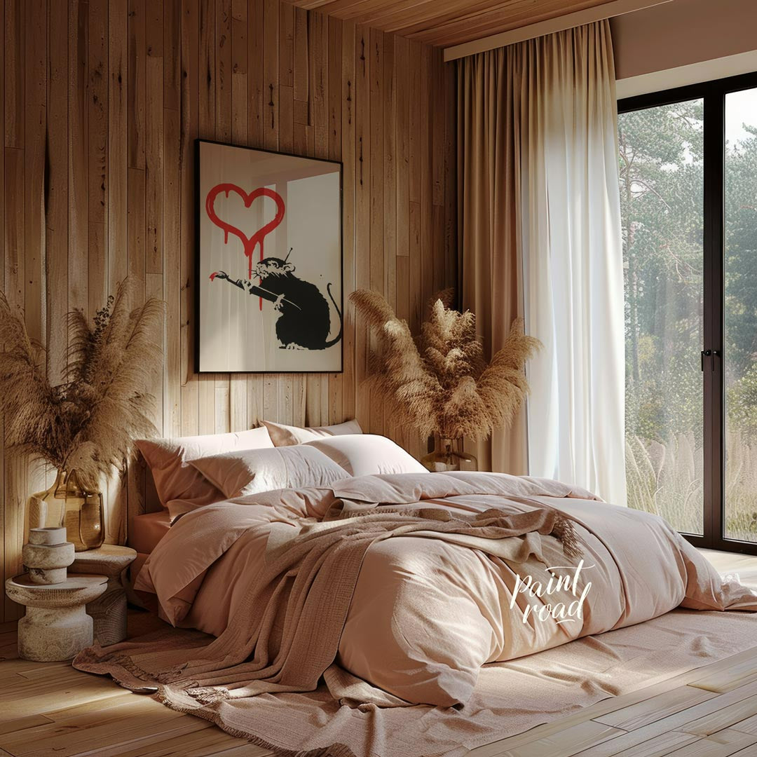 This striking art print features Banksy’s “Love Rat” stencil, depicting a black rat holding a paint… for bedroom