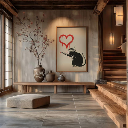 This striking art print features Banksy’s “Love Rat” stencil, depicting a black rat holding a paint… for entryway