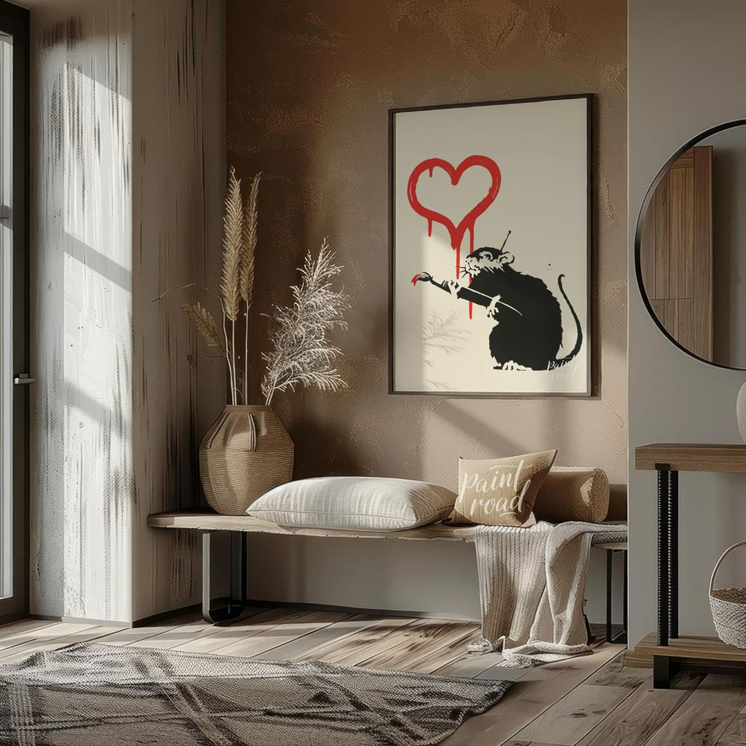 This striking art print features Banksy’s “Love Rat” stencil, depicting a black rat holding a paint… for entryway