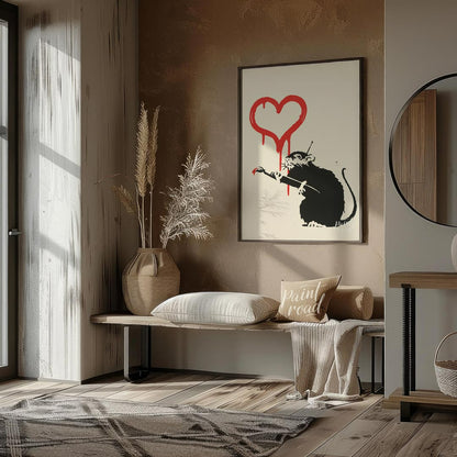 This striking art print features Banksy’s “Love Rat” stencil, depicting a black rat holding a paint… for entryway